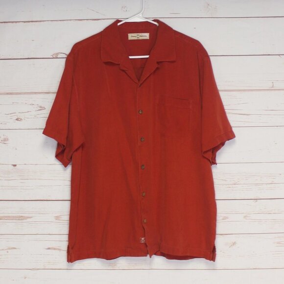 Tommy Bahama Casual Button Down 100% Silk Shirt Large Red Orange Short Sleeve - Picture 2 of 7